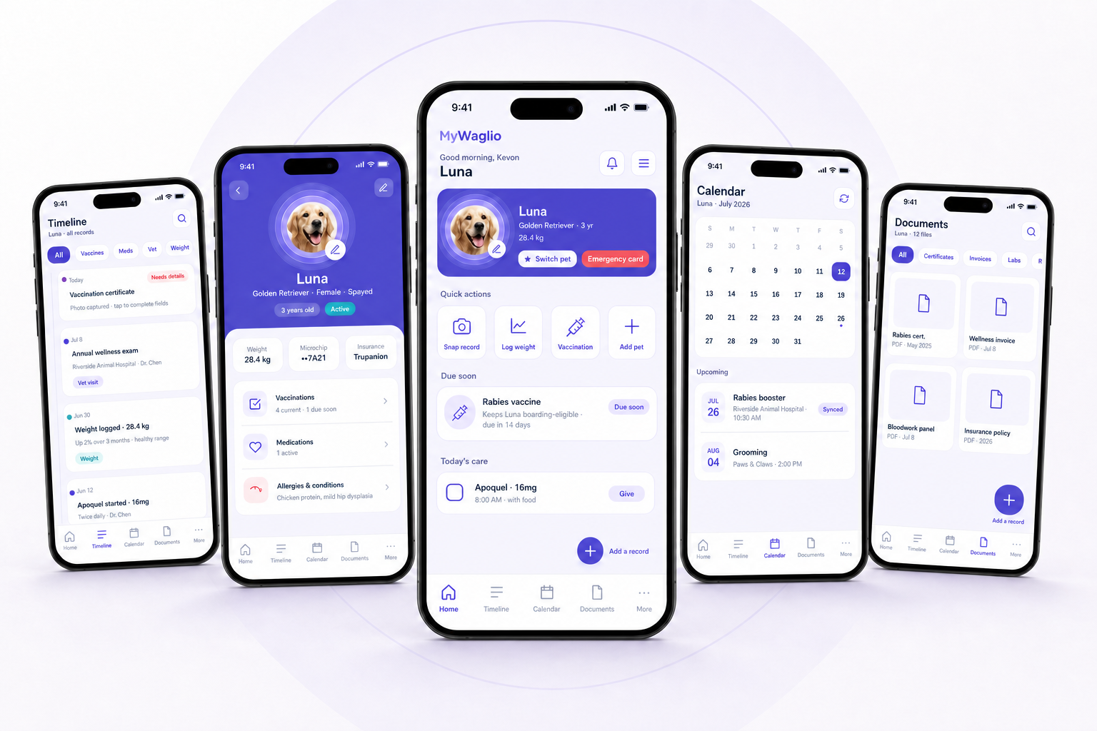 MyWaglio mobile app showing pet profile, timeline, home, calendar, and document screens